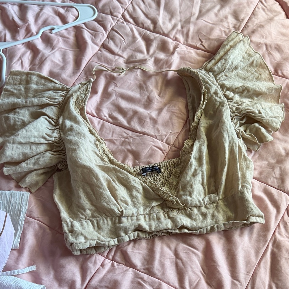 Zara Beige Crop Top with Puff Sleeves